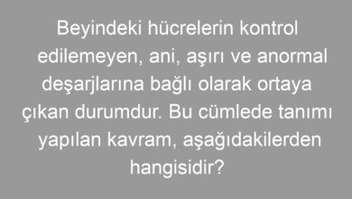 Beyindeki hücrelerin kontrol edilemeyen, ani, aşırı ve anormal deşarjlarına bağlı olarak ortaya çıkan durumdur. Bu cümlede tanımı yapılan kavram, aşağıdakilerden hangisidir?